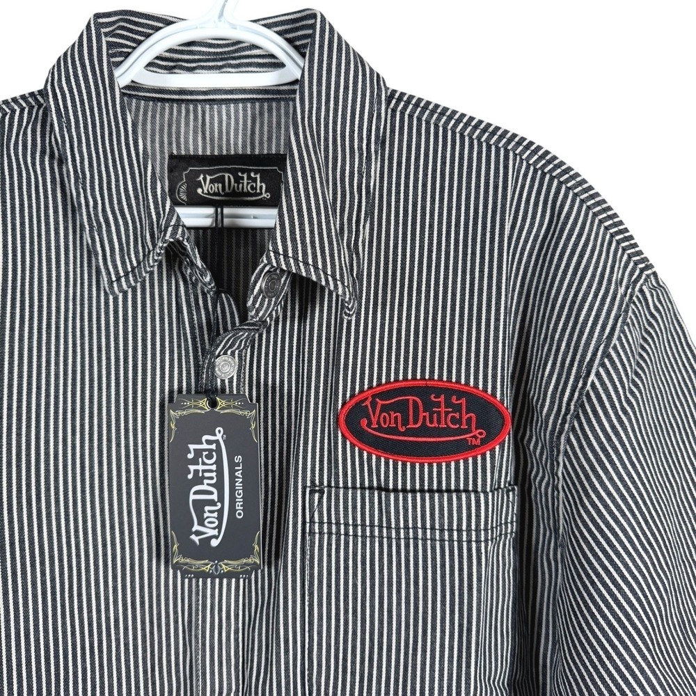 Von Dutch Railroad Stripe Denim Work Shirt Mens S Gray Patch Short Sleeve Snaps